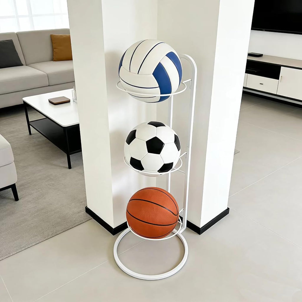 Ball Storage Rack, White Metal, 4-Tier Vertical Organizer for Basketball, Soccer, Volleyball, Sports Equipment Holder (4-Tier)