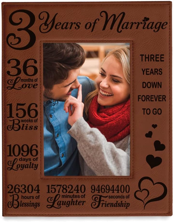 KATE POSH 3rd Anniversary Engraved Rawhide Leather Picture Frame (5x7 Vertical)