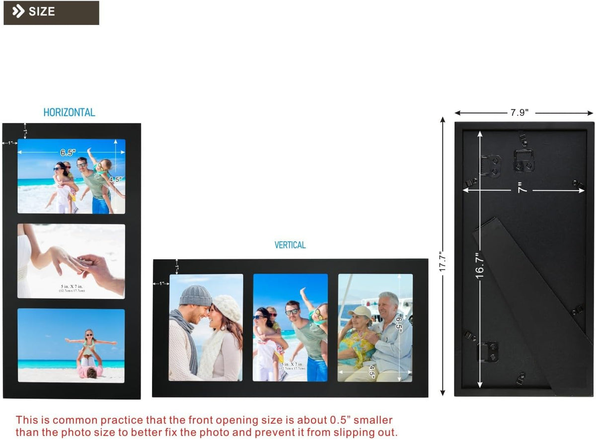 Collage Picture Frame Black Wood 5x7 3-Opening 1 Pack