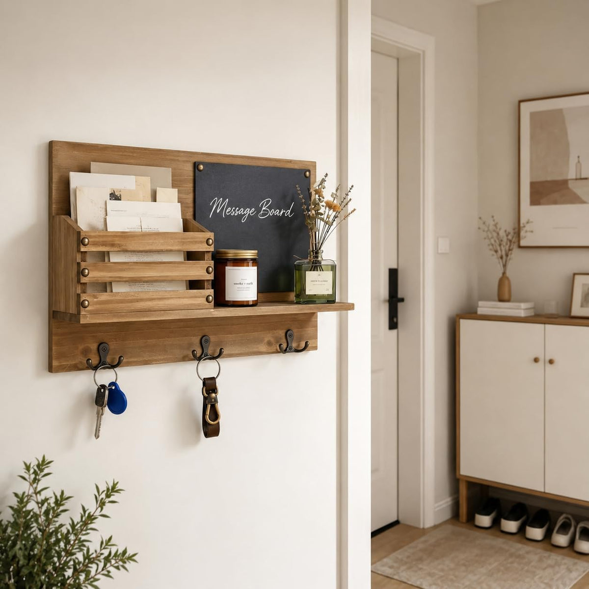 Key Holder for Wall, Mail Organizer Wall Mount, Chalkboard & 3 Double Hooks