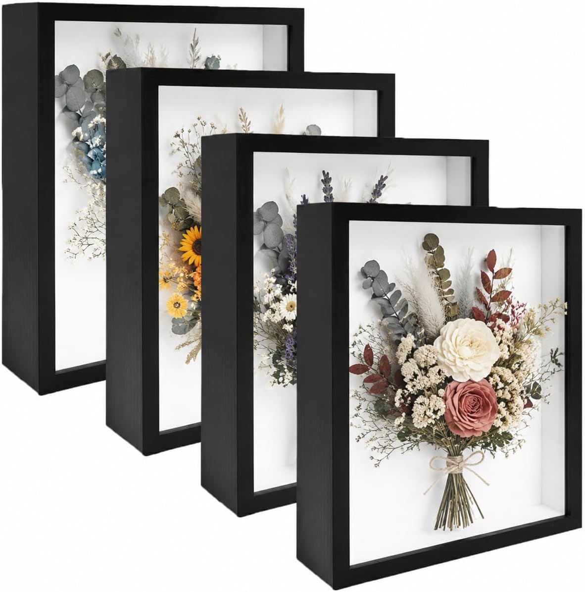 4 Pack Shadow Box Frame Display Cases, 8"x 10" Wood Deep Black Handicrafts Shadowbox Picture Frame for Flowers Jersey Baby Wedding Dress（Black）