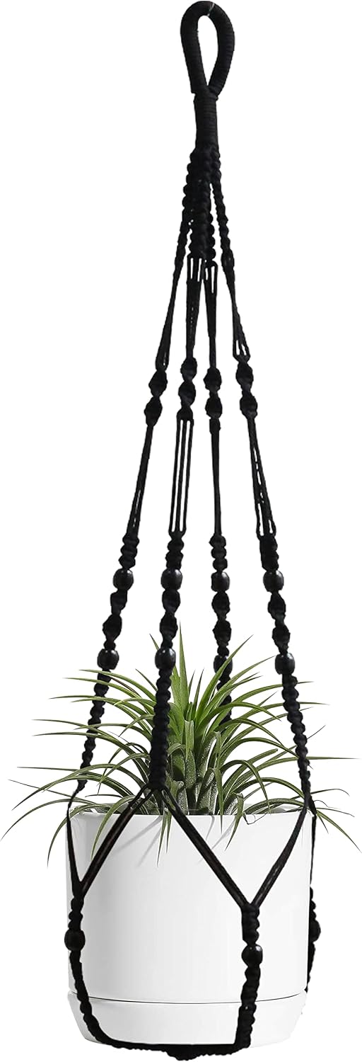 Macrame Plant Hanger Indoor Hanging with Wood Beads Macrame Planters No Tassel for Indoor Outdoor Boho Home Decor 35 Inch (Black,1pc)