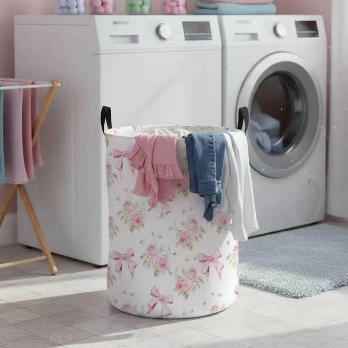 Baby Girl Laundry Basket Kids Nursery Gift Hamper Bow Room Deco (Pink Flower Bowknot)