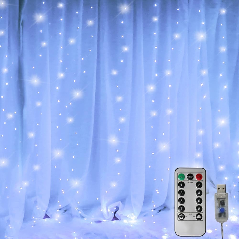 Curtain Lights 300 LED String Lights, Hanging Window Lights USB Powered 8 Mode & Timer Remote Dimmable Copper Lights for Bed Canopy, Home, Girls Bedroom, Party, Wall Decor-9.8ft x 9.8ft(Cool White)