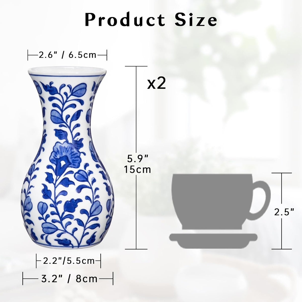 Set of 2 Small Blue and White Ceramic Vase, 6" Bud Chinoiserie Flower Vase