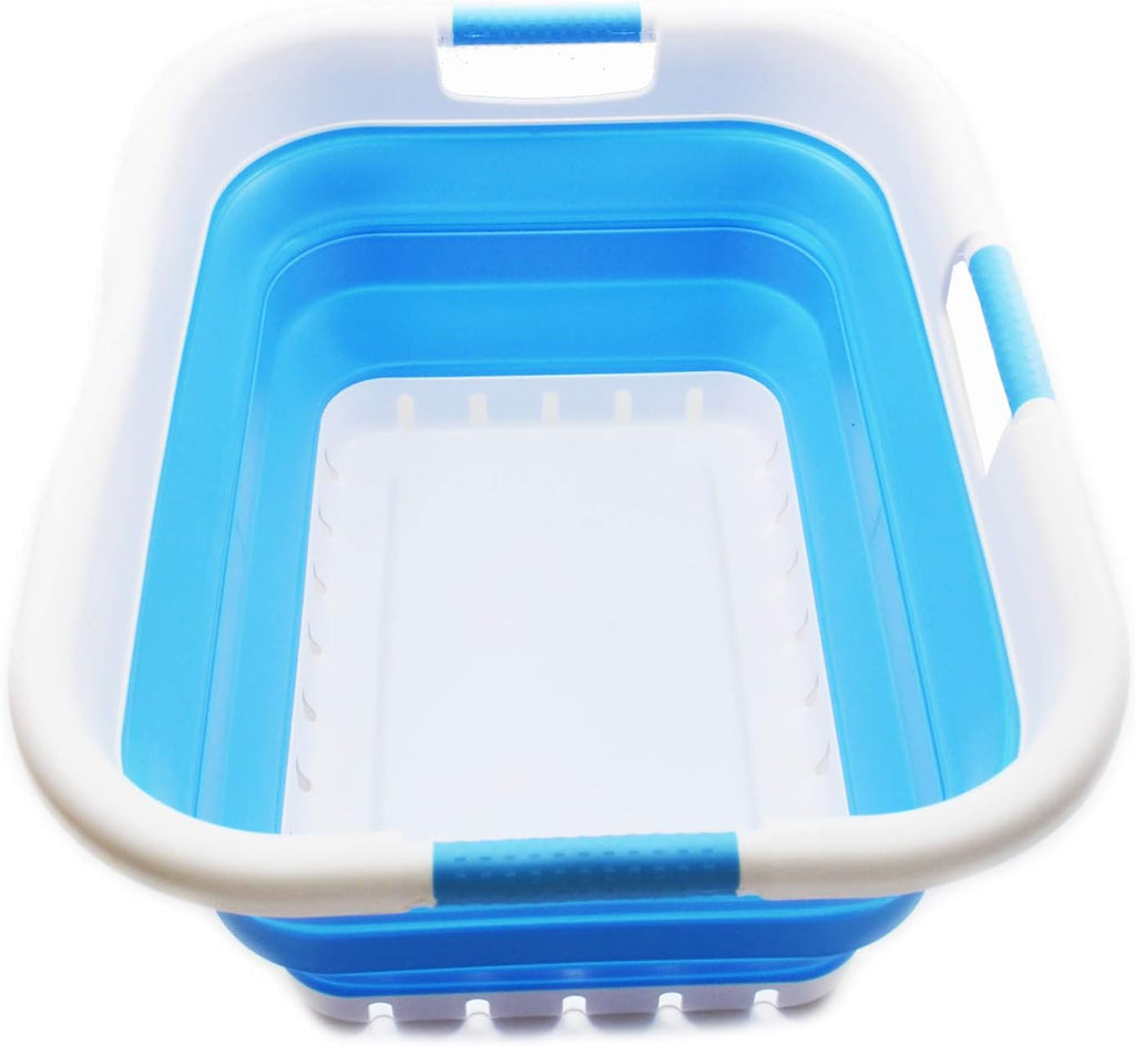 SAMMART 41L Collapsible 3 Handled Plastic Laundry Basket - Foldable Pop Up Storage Container/Organizer - Portable Washing Tub - Space Saving Hamper/Basket (3 handled rectangular, Dark Blue)