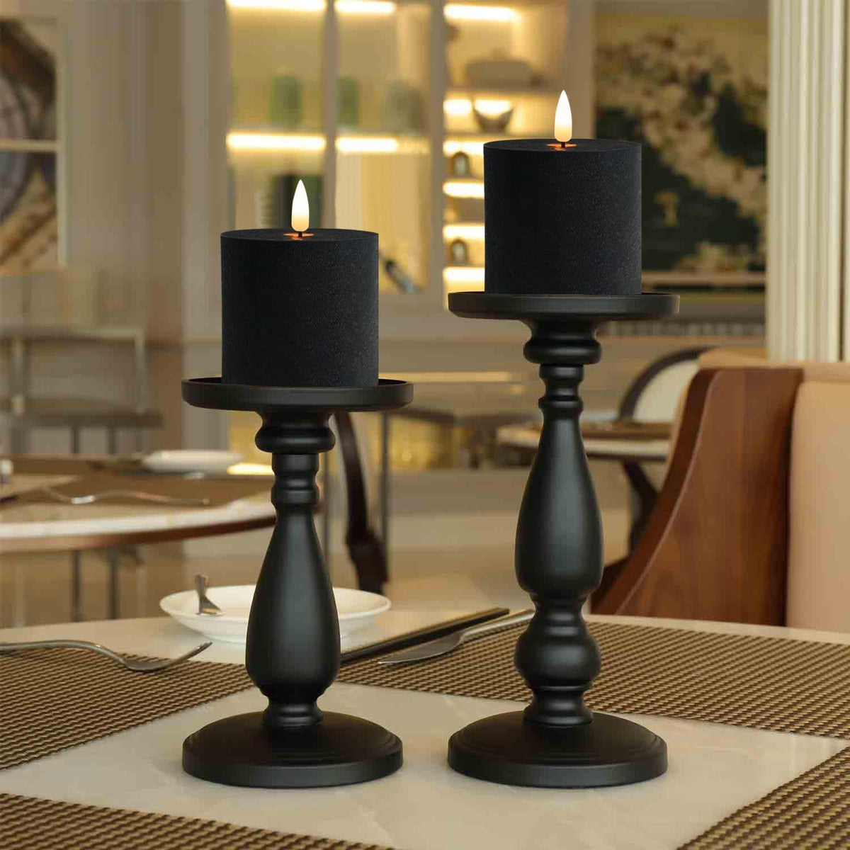 volnyus Black Flameless LED Pillar Candles Set of 2, 3x3 Inches Flat Top