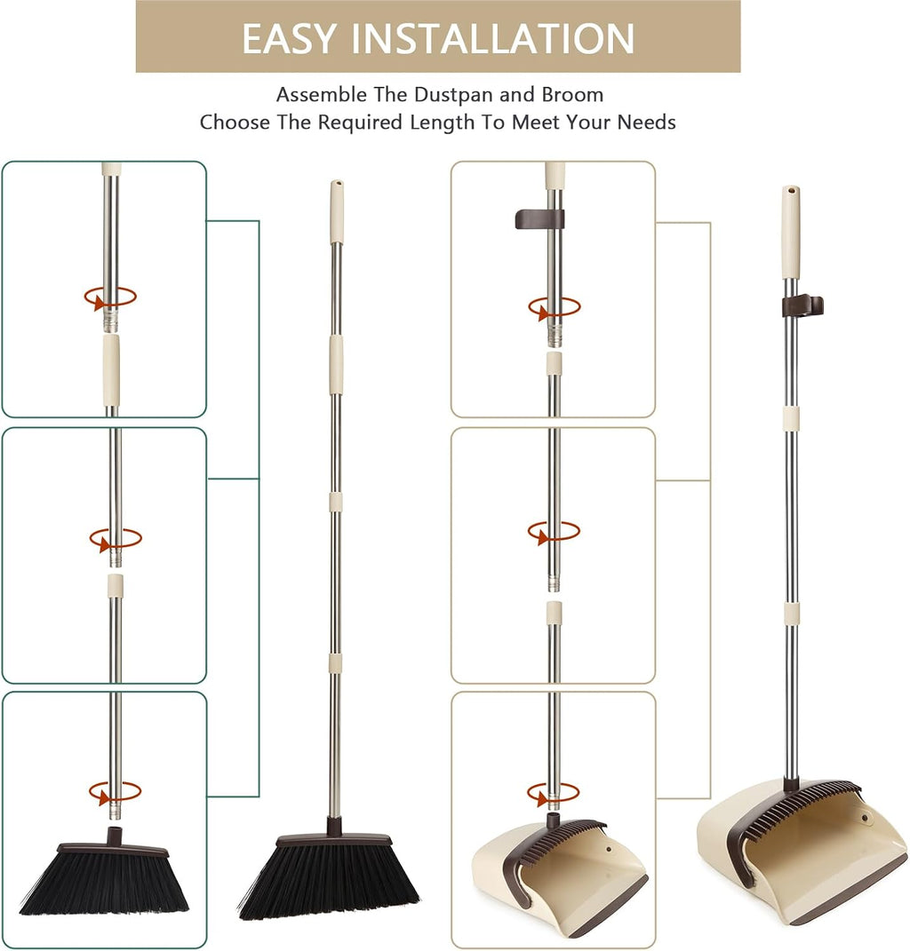 Broom and Dustpan Combo Set,55" Long Handle,Beige