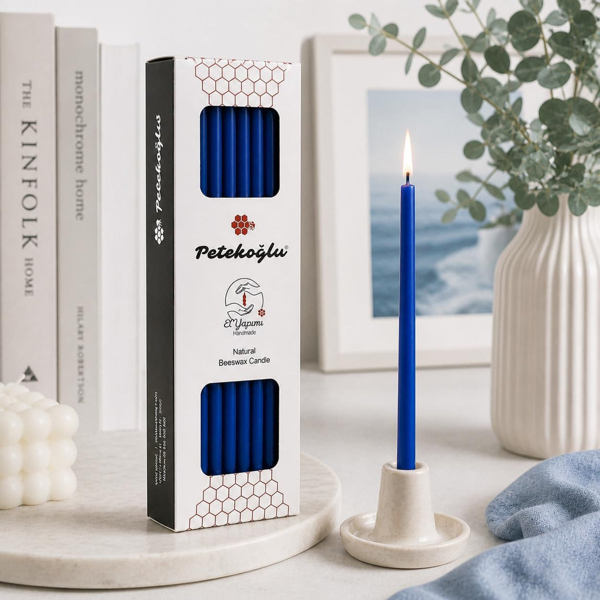 Petekoğlu 40 Pieces Pure Beeswax Candles - No-Drip, Smoke-Less, Tall, Thin Taper Decorative Candles for Church Prayer, Decor or Birthday Candles – Honey Scented Candles – 7.9”x0.26” (Deep Blue)