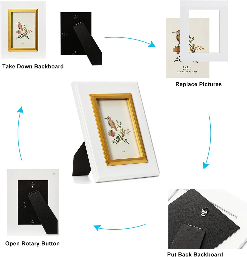 4x6 White Wood Picture Frame with Real Glass, Gold Inner Border, Vertical and Horizontal for Tabletop or Wall Hanging