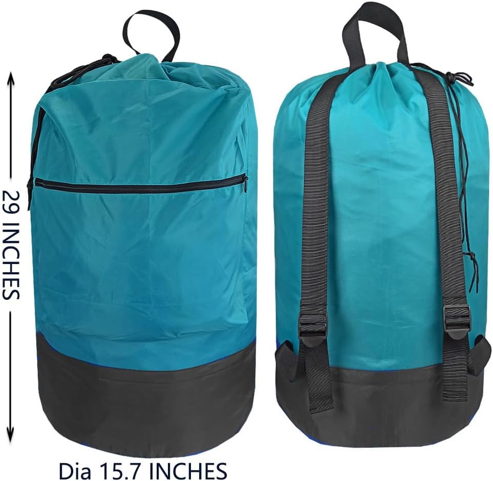 Washable Laundry Bag Backpack with Zipper Pocket, Heavy Duty Clothes Bag, 2 Strong Adjustable Shoulder Straps with Drawstring Closure for Travel, Camping or College, Blue Aqua