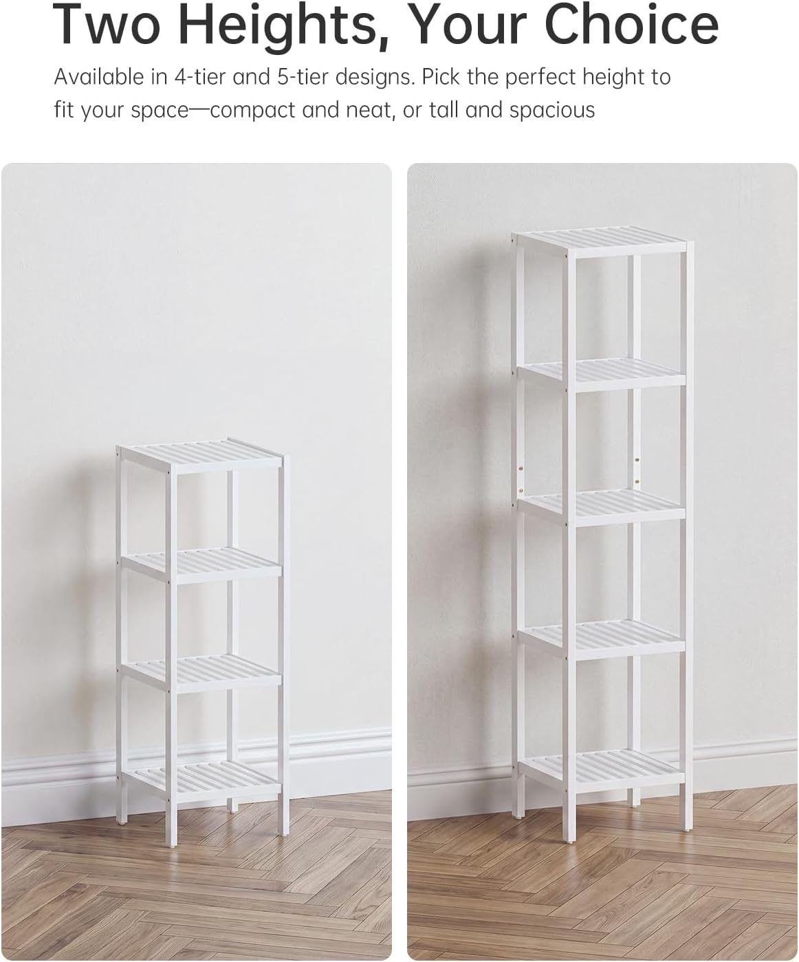 SMIBUY Bathroom Storage Shelf, 4-Tier Bamboo Rack Organizer, Multifunctional Shelving Unit for Living Room Bedroom Kitchen (White)