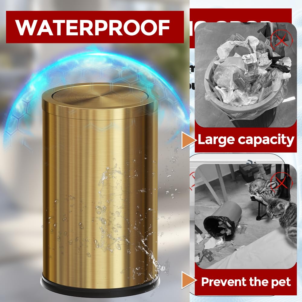 18L/4.7GAL Gold Bathroom Trash Can with Lid,Brass Garbage Can with Flipping Lid,Brushed Stainless Steel for Bedroom,Living Room,Office,Guest Room (4.7gal-Gold)