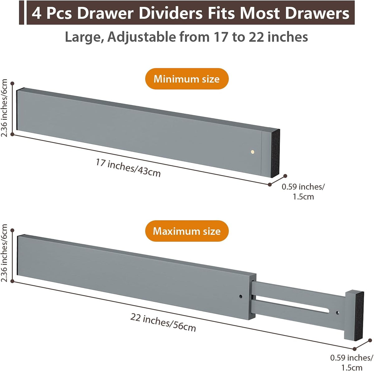 4 Pack Bamboo Drawer Dividers 17-22" Adjustable Kitchen Organizer, Gray