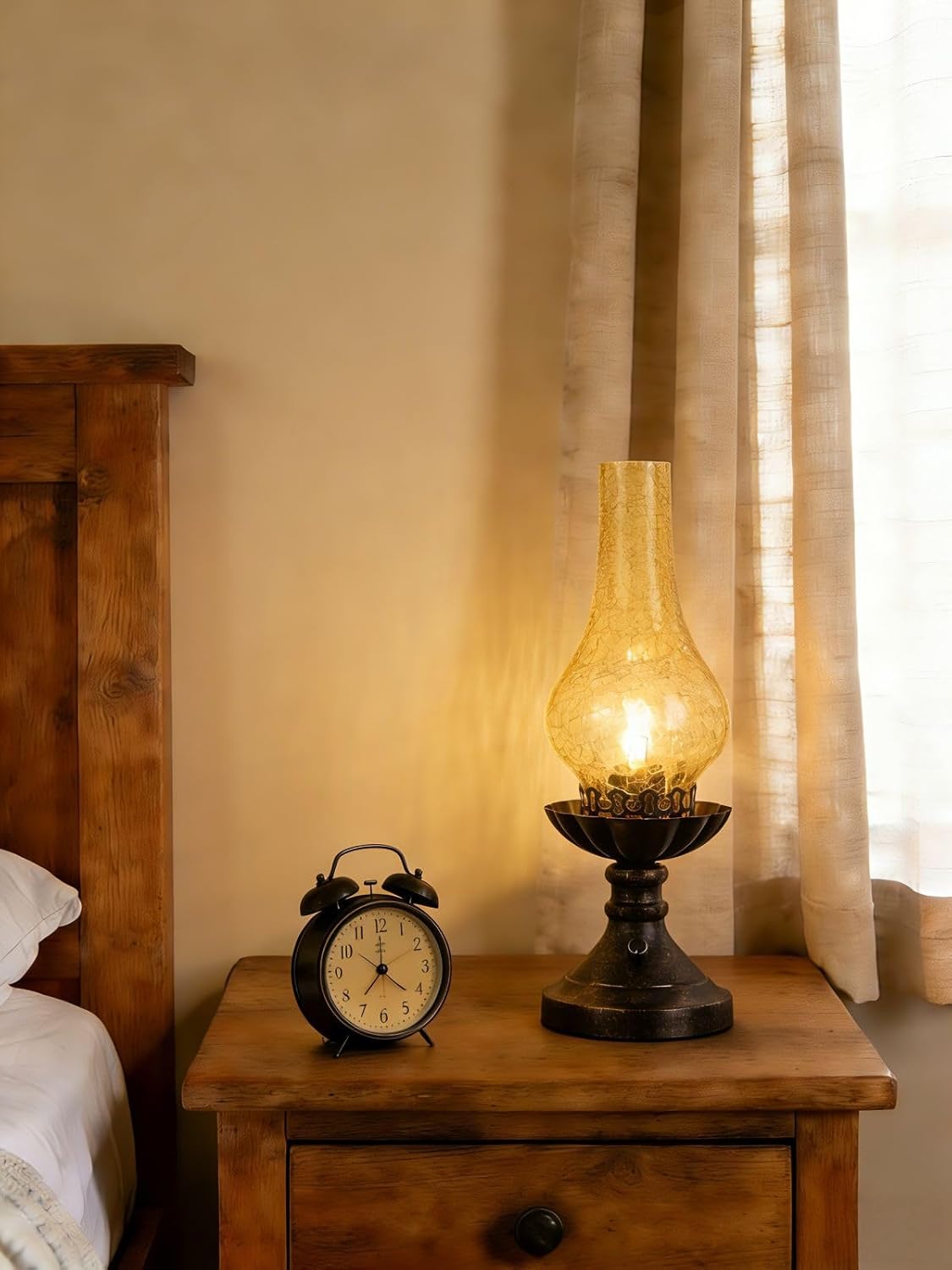 Vintage Table Lamp with Crackled Glass Shade & Rotary Knob Switch, Small Antique Desk Lamp,Lantern Rustic Farmhouse Western Victorian Bedside Decor for Bedroom,Living Room,Office