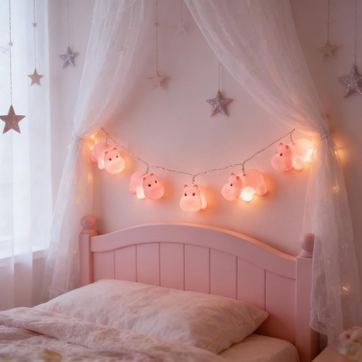 Cute Pink Hippo String Lights, 4.9Ft/1.5M, 10 LED, Battery Operated