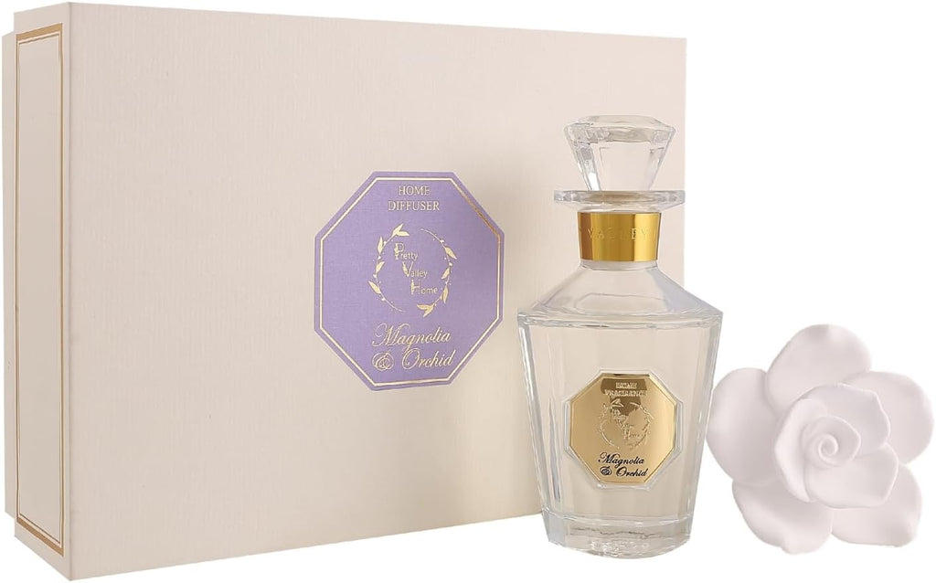 Reed Diffuser Set, Pretty Valley Home Diffuser Rose Petals Gypsum White Flower Oil 100Ml / 3.38fl OZ Gift Box for Bathroom Office Bathroom Living Room Decor (Magnolia & Orchid)