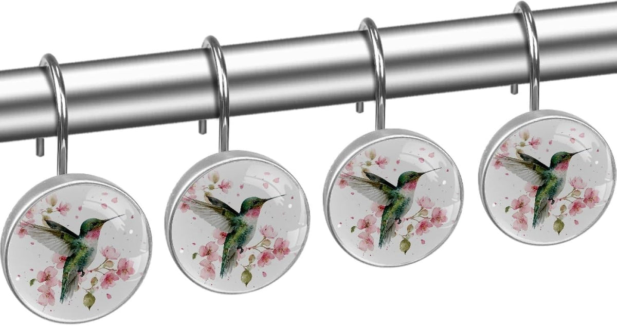 Hummingbird Round Shower Curtain Hooks Set of 12 Stainless Steel Decorative Hanger Rings for Bathroom Kitchen Bedroom Curtain Rods
