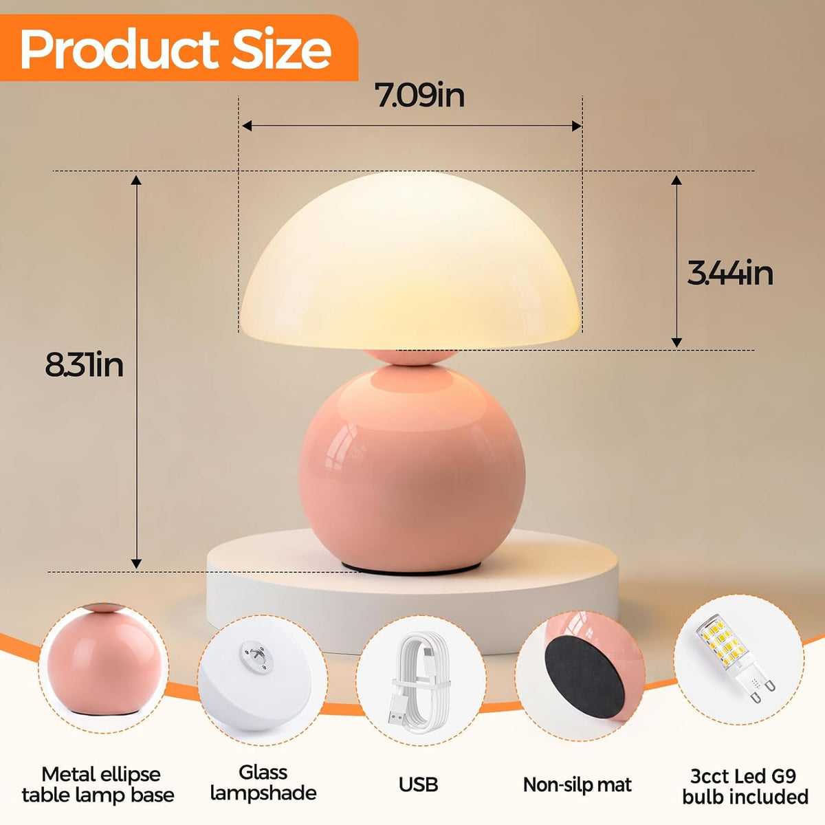 NIORSUN Mushroom Lamp Table Lamp for Bedroom, Portables Cordless Table Lamp,Wireless lamp,Small Bedside Table Touch Lamps for Living Room,Mini Mushroom 5200mAh Battery Operated Lamp Modern Pink