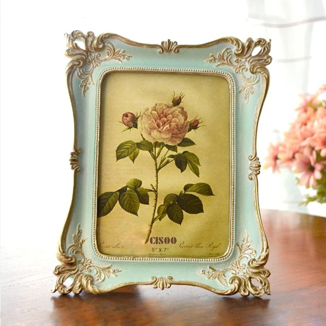 CISOO 5x7 Antique Vintage Picture Frame Blue Ornate Floral Table Wall Decor
