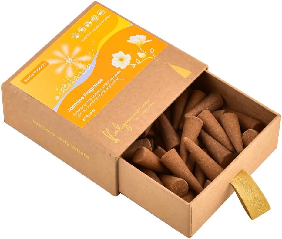 Incense Cones, Jasmine Fragrance, Pack of 30, Natural, Made with Jasmine Oil and Recycled Temple Flowers, Charcoal-Free, Toxin-Free, for Meditation and Aromatherapy