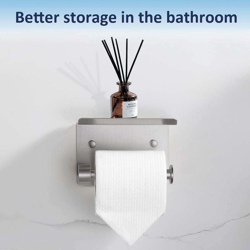 BGL Wall Mounted Toilet Paper Holder with Shelf, Brushed Nickel Bathroom Tissue Holder – Rust-Resistant Toilet Roll Holder for Bathroom Storage