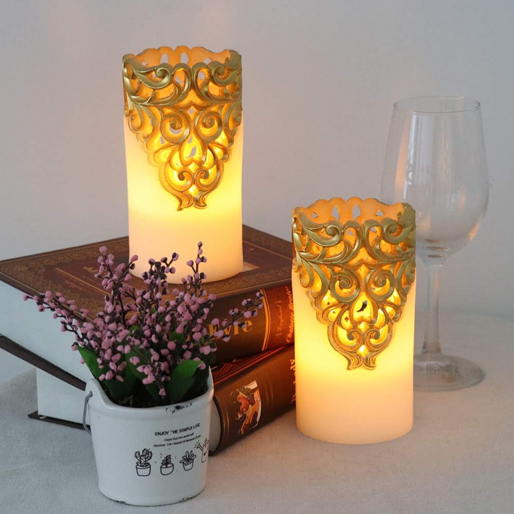 Eldnacele Gold Hollow Flameless Pillar Candles with 5H Timer
