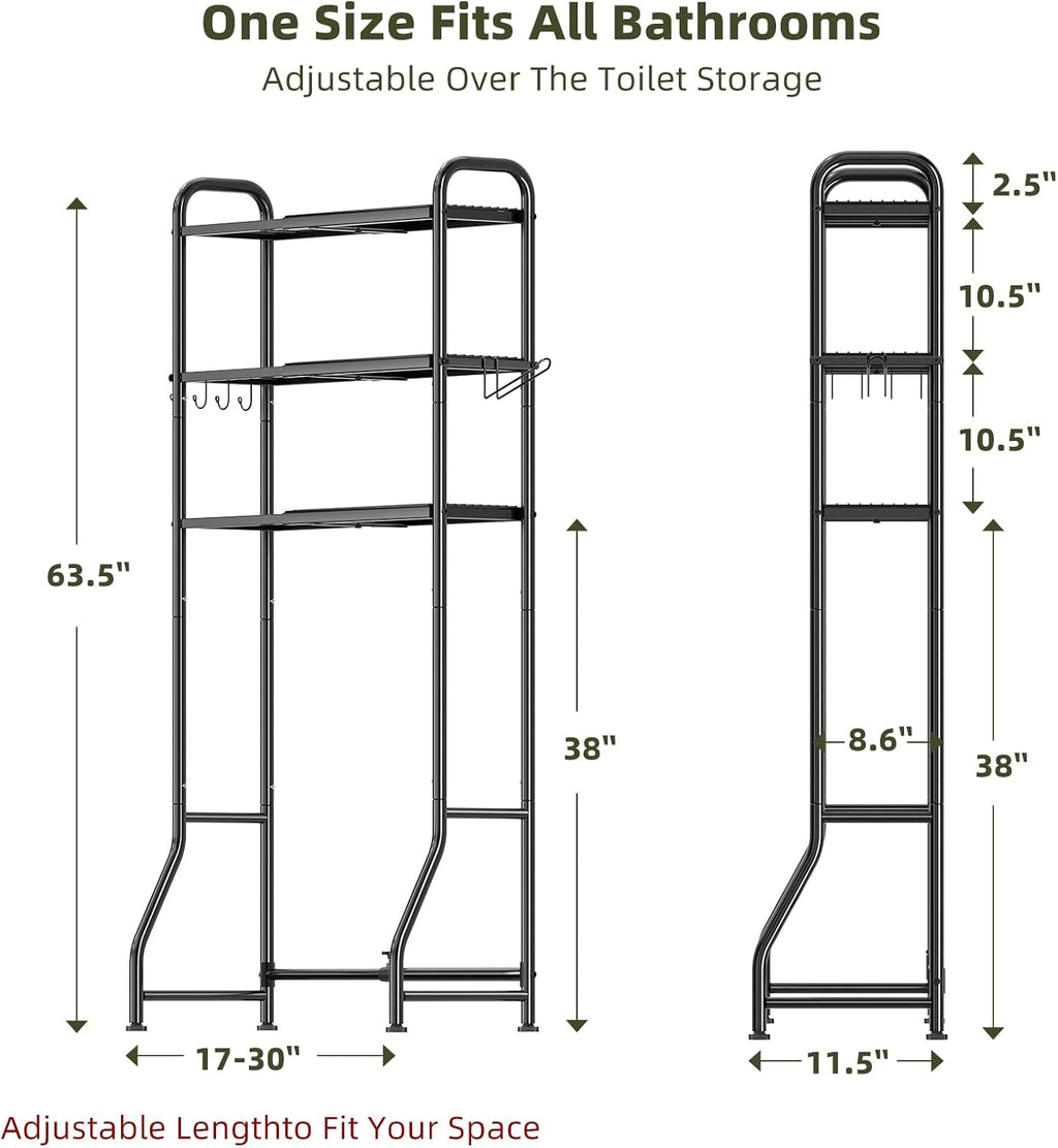 Simple Trending Expandable Over The Toilet Storage Rack, Metal 3 Tier Bathroom Organizer Shelf with Paper Holder and 3 Hooks, Black