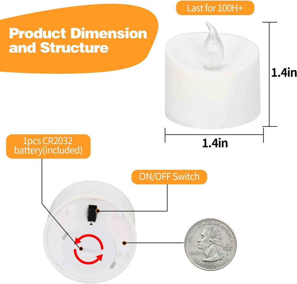 24 Pack Flickering LED Tea Lights, Last 100H+, Warm White Light