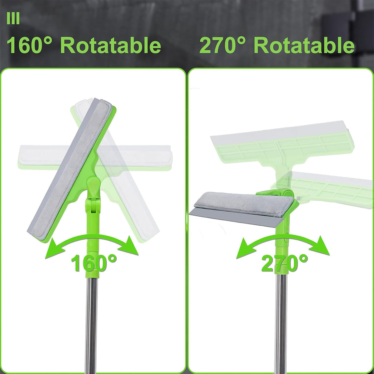 Shower Squeegee with 22.4"-30.1" Extendable Pole, 12" Wiper Blade for Glass, Tile, Car Windshield, Bathroom Mirror – Household Cleaning Tool (Green)