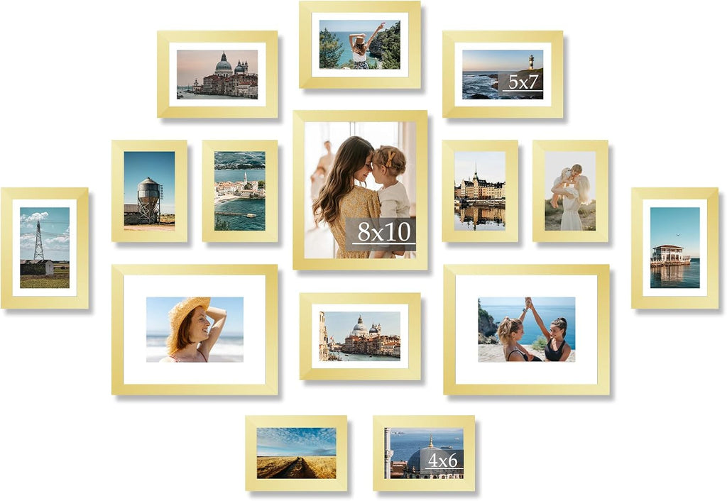 JCJMY 15 Pack Picture Frames Collage Wall Decor for Wall Hanging or Tabletop, Gallery Wall Frame Set for Family, Multi Sizes Photo Frames Collage Including 3Pcs 8x10, 6Pcs 5x7, 6Pcs 4x6, Gold