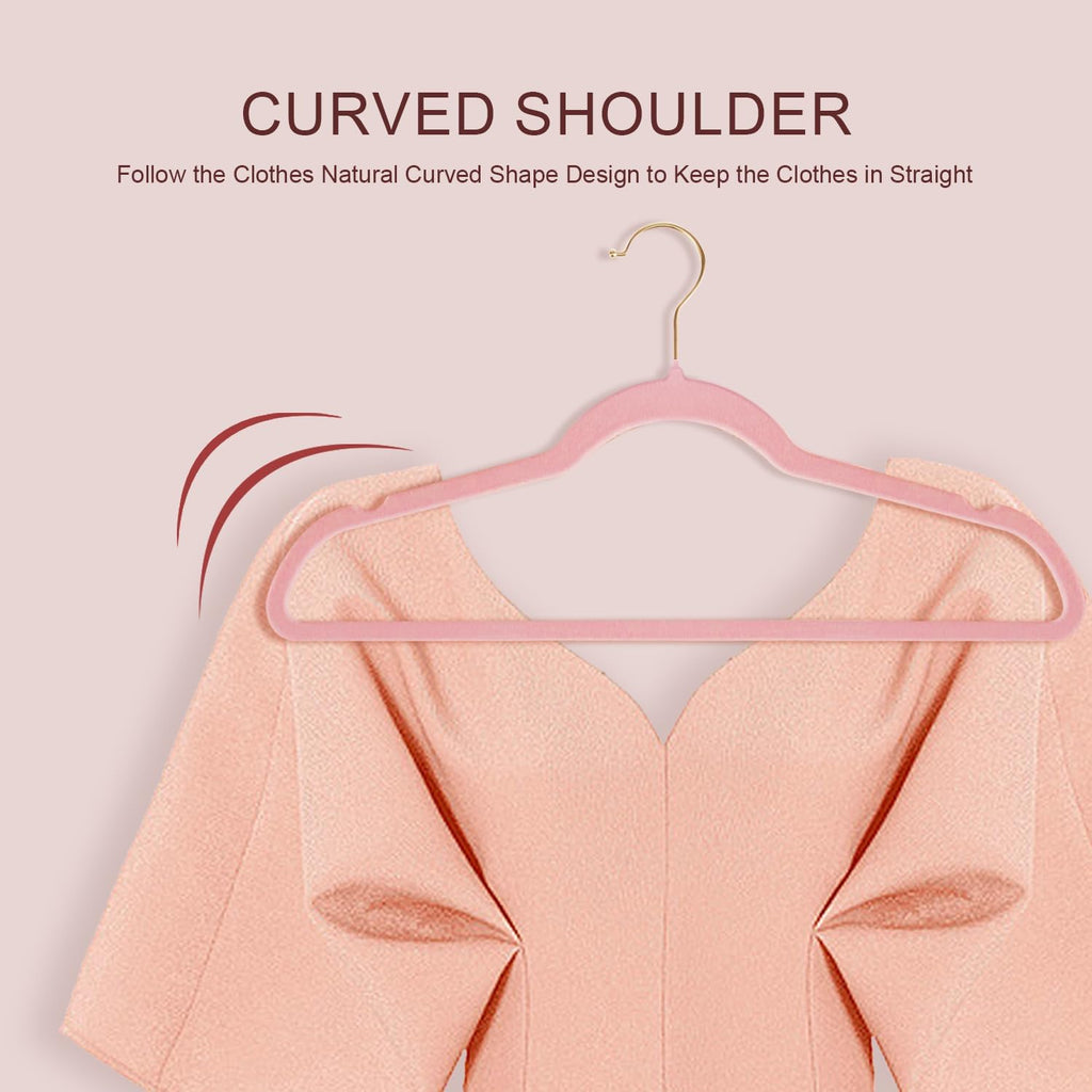 36 Packs Velvet Clothes Hangers, 17.3 Inches Non-Slip Skirt Hangers, Sturdy Dresses Hangers with Shoulder Notches, Space Saving Clothing Hangers for Adults, Pink with Gold Hook