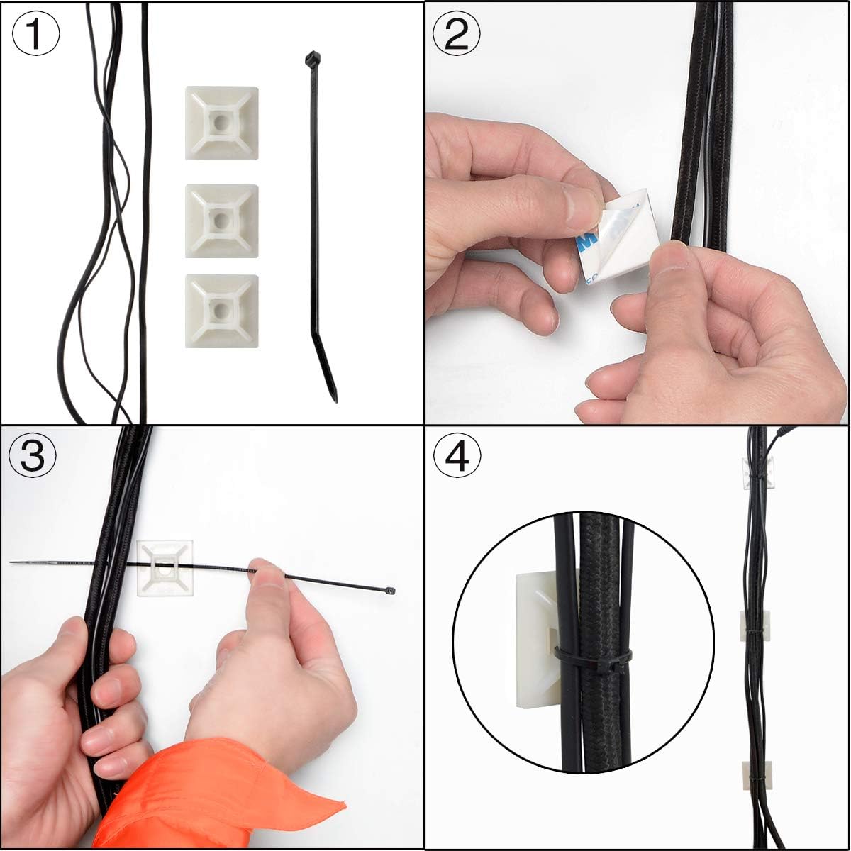 XHF 100 PCS 3/4" White Self Adhesive Cable Zip Tie Mounts Wire Cable Clips Holders Management Anchors Organizer Holders Squares(HS-101S) (Pack of 2)