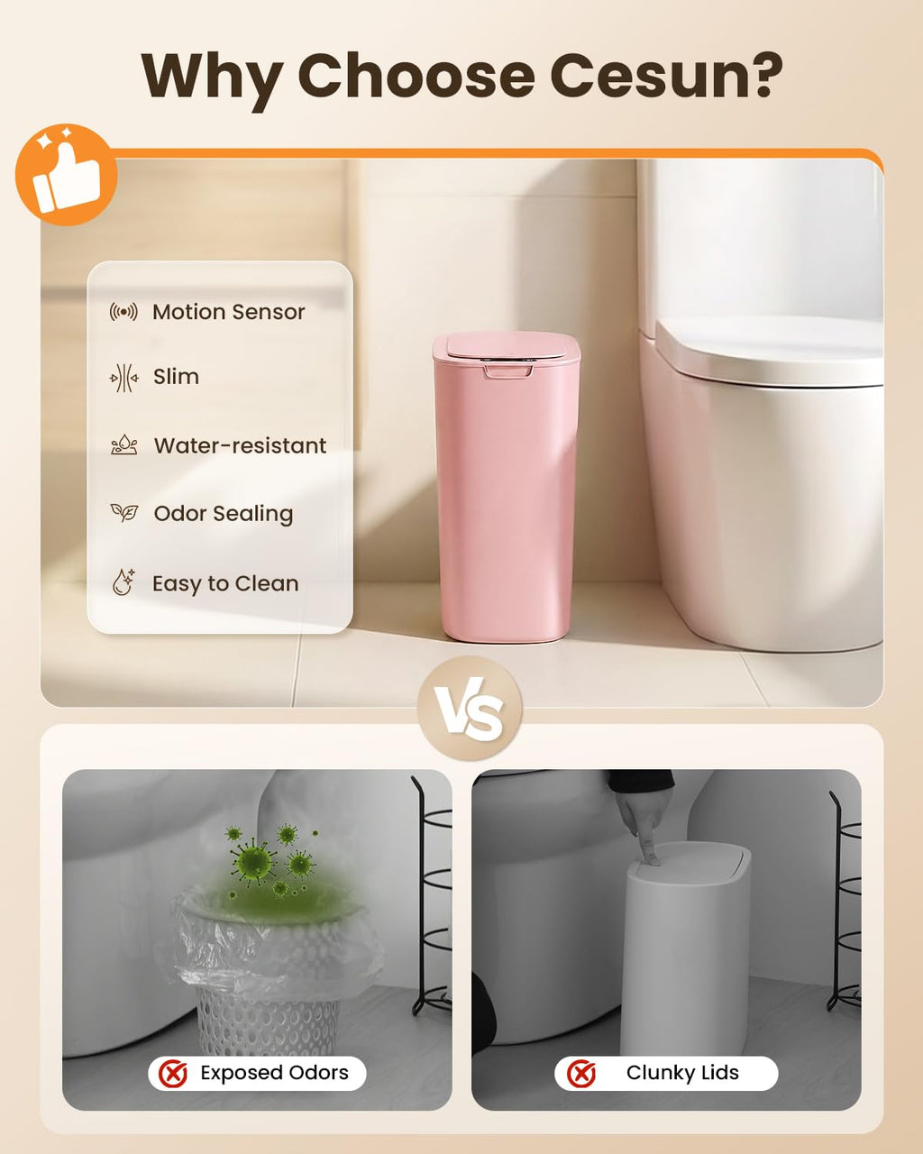 Cesun 5 Gallon Automatic Bathroom Trash Can with Lid, Pink, Touchless