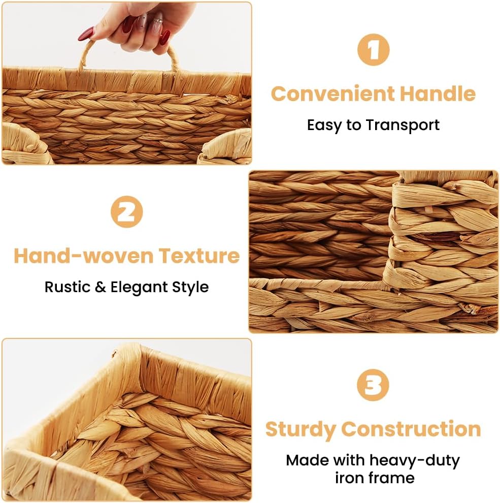 Hanging Magazine Basket, Handwoven Water Hyacinth Wall Magazine Holder with Handle for Books & Files, 11.8x4.3x7.9 Inch Water Hyacinth Farmhouse Storage Rack with Hook for Bathroom, Kitchen, Office