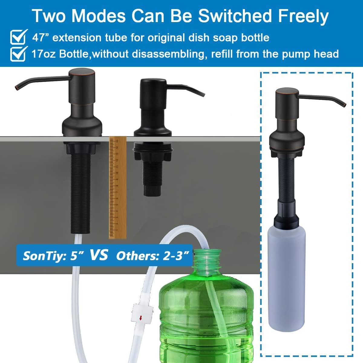 Soap Dispenser for Kitchen Sink, Kitchen Hand Soap Dispenser Pump Oil Rubbed Bronze, Countertop Soap Dispenser Pump with 47" Extension Tube kit, Built in Refill from The Top+17 OZ Bottle