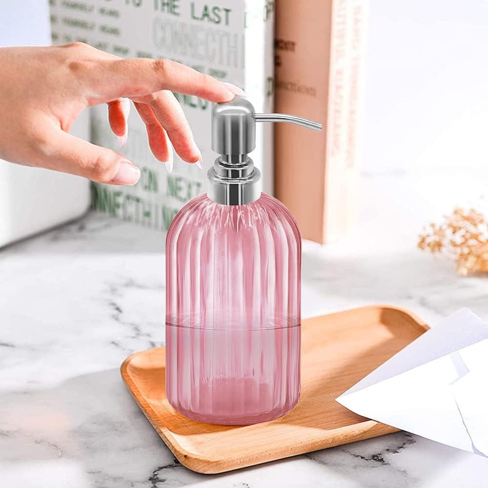 14 Oz Glass Soap Dispenser with 304 Rust Proof Stainless Steel Pump, Refillable Hand Liquid Soap Dispenser for Bathroom, Kitchen, Countertop, Laundry Room (Pink)