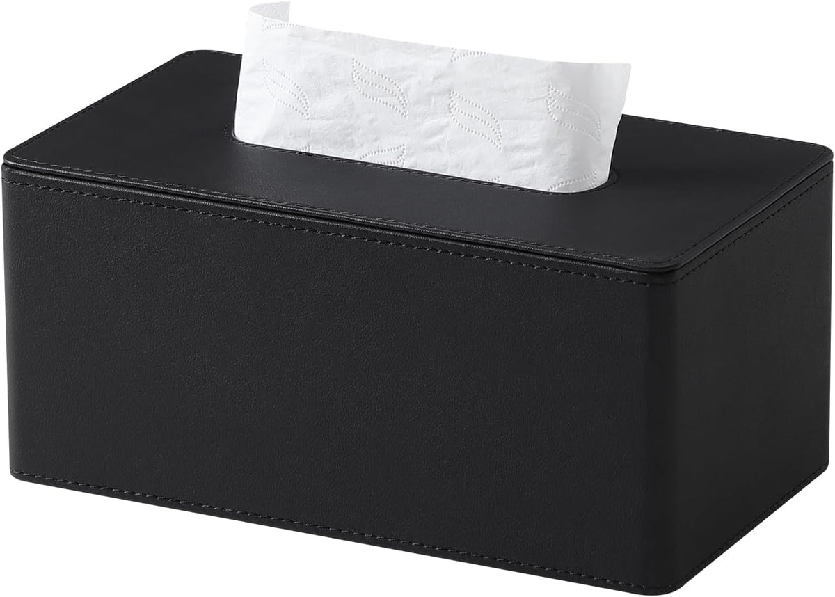 PU Leather Tissue Box Cover Rectangle, Inner Height 3.9", Black