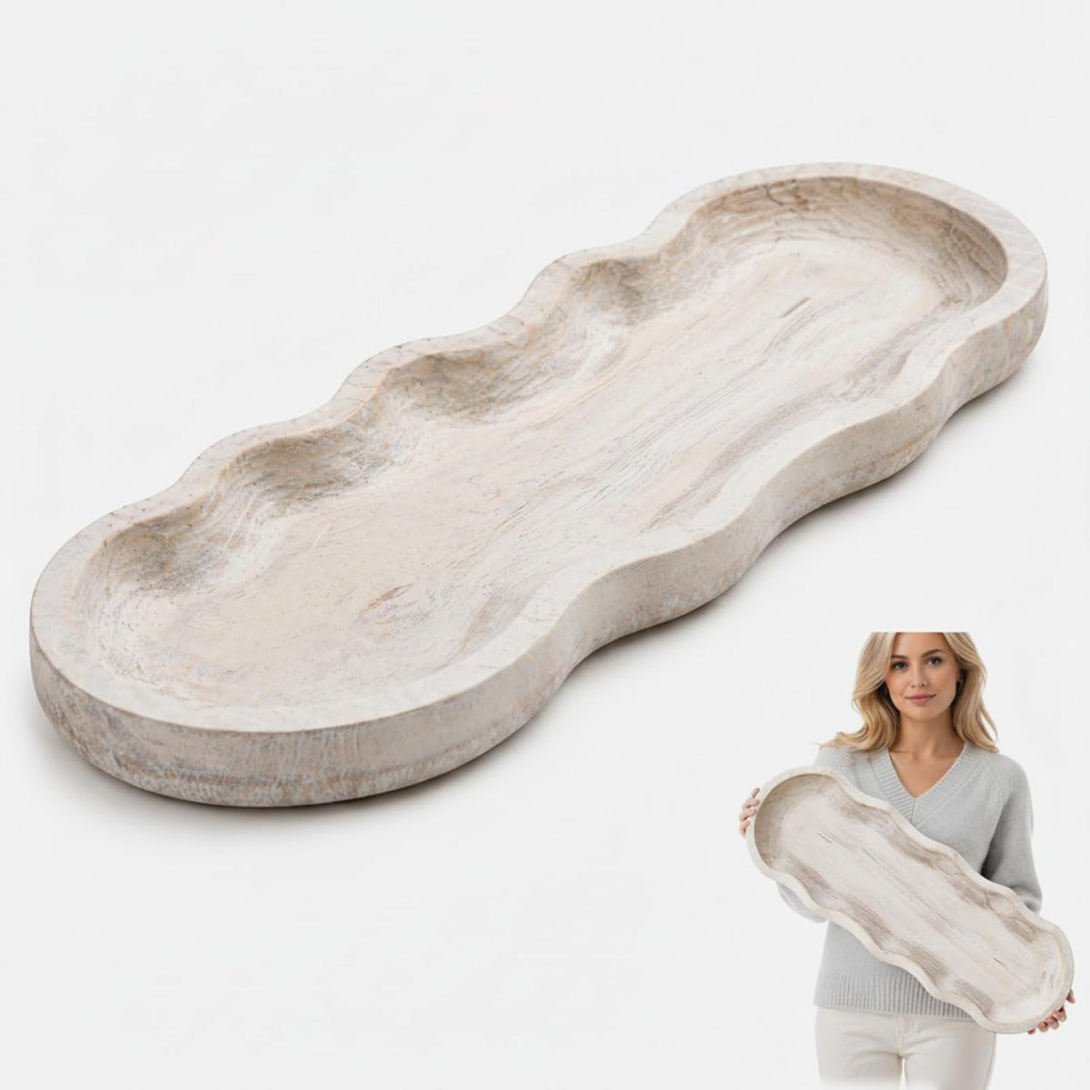 Hushee Wavy Edge Wooden Dough Bowl for Decor, Hand Carved Farmhouse Decor