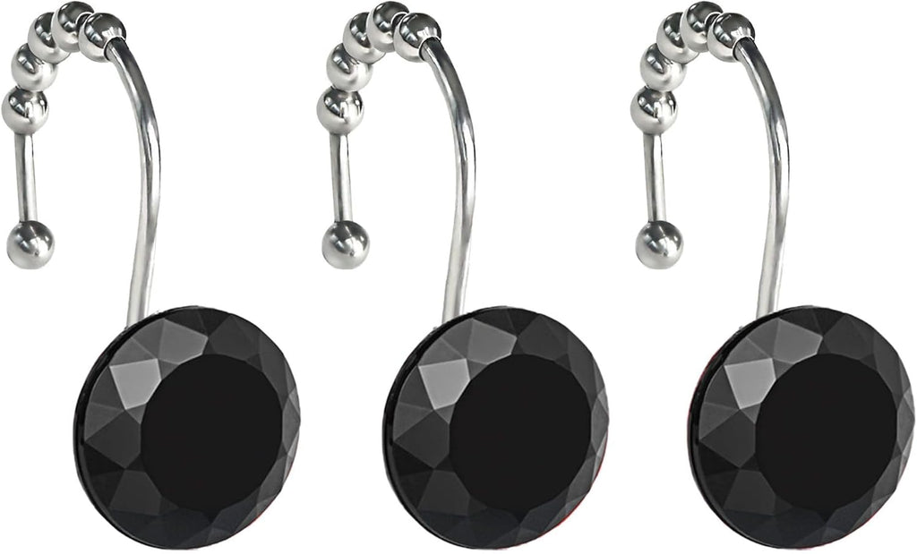 Black Crystal Diamond Shower Curtain Hooks for Bathroom【12Pack】, Silver Rust Proof Stainless Steel Rings, Decorative Gem Hanger, Bling Rhinestone, Glittery, Cute, Fancy Accessories