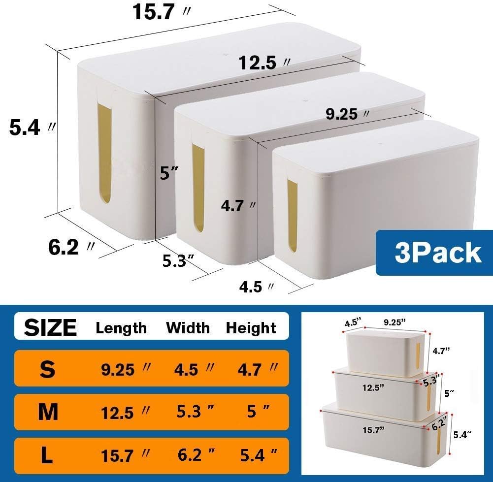 Cable Management Boxes Organizer, Large Storage Wires Keeper Holder for Desk, TV, Computer, USB Hub, System to Cover and Hide & Power Strips & Cords (White) 1