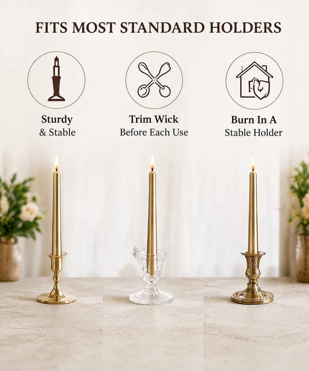 Champagne Gold Taper Candles 10 Inch, 12 Pack Metallic Unscented