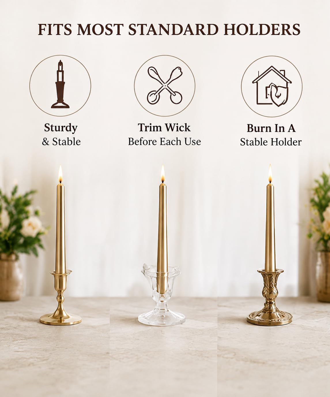 Champagne Gold Taper Candles 10 Inch, 12 Pack Metallic Unscented