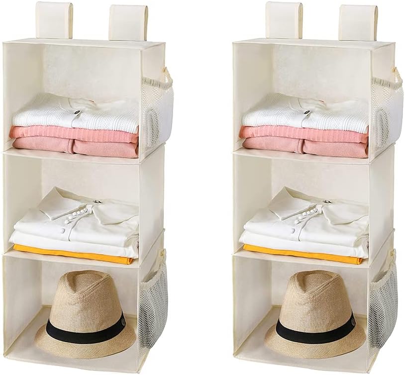 MAX Houser 2 Pack 3 Shelf Hanging Closet Organizer with 2 Velcro, Beige