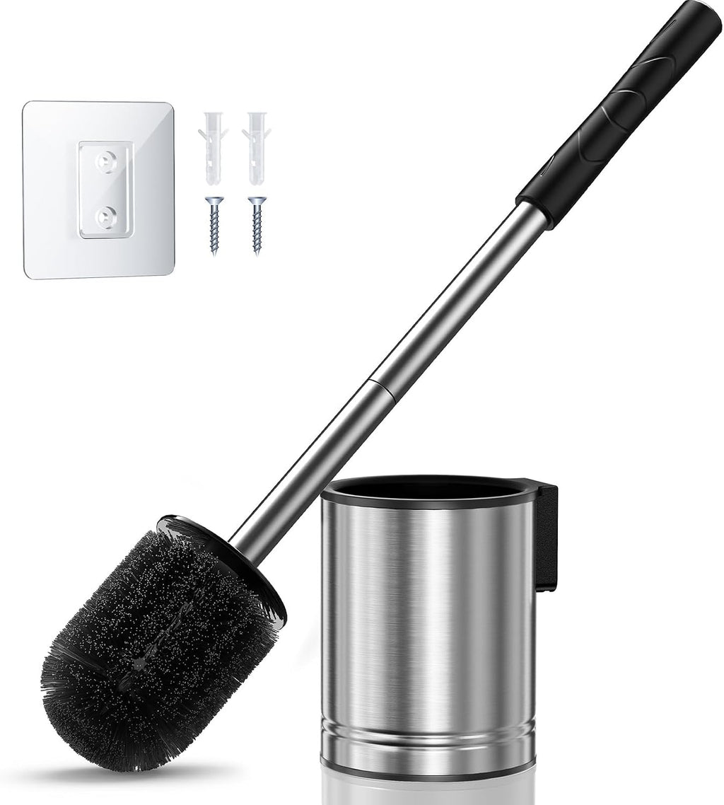 HAMITOR Toilet Bowl Brush Set: Compact Space-Saving Design with Hidden Holder for Small Bathrooms, Apartments & RVs - Bathroom Cleaning Accessories - Rustproof Toilet Scrubber Cleaner Kits Silver