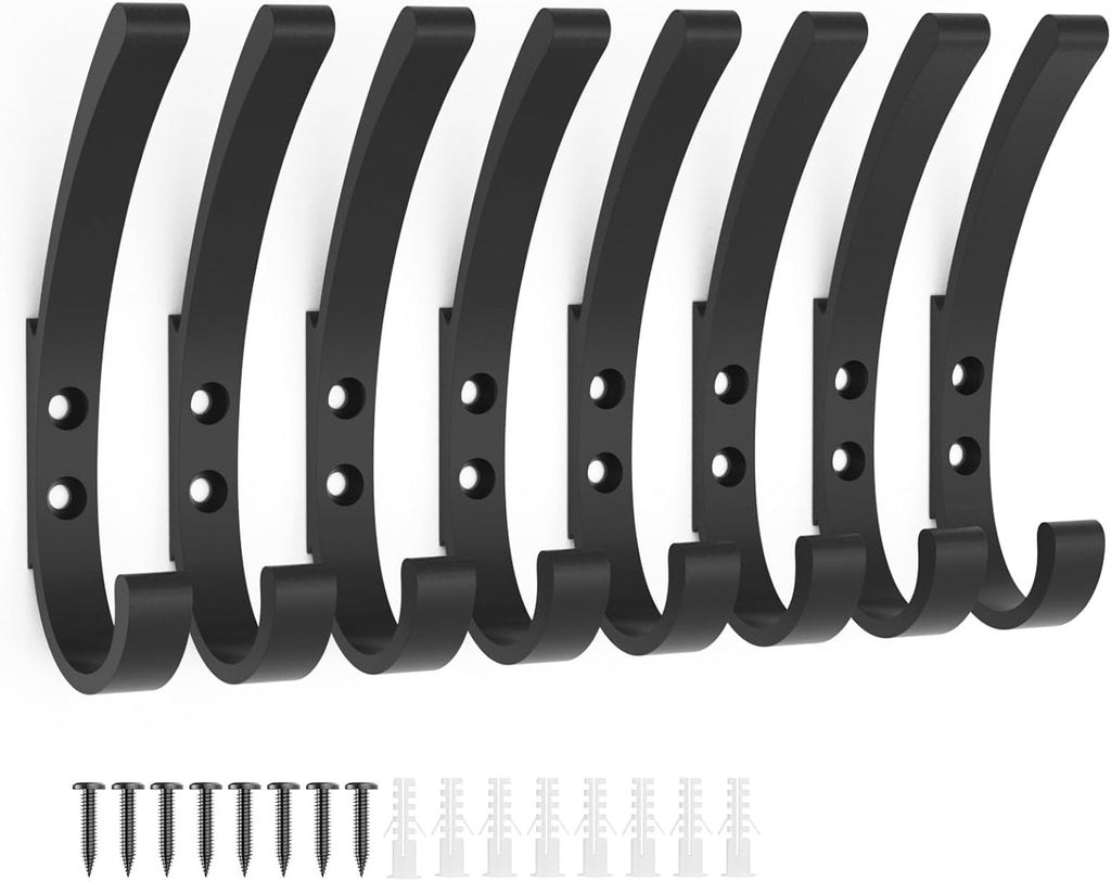 Coat Hooks Wall Mounted, 8Packs Black, Aluminum Metal Heavy Duty Towel Rope Hooks for Screwing Drilling, Bathroom, Kitchen Door