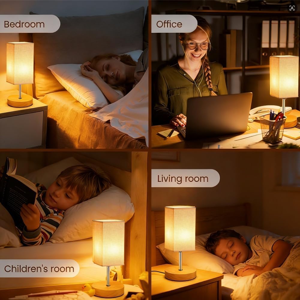Small Table Lamp for Bedroom, Bedside Lamp with 3000K Warm LED Bulb Included, Nightstand Lamp for Living Room Office Dorm Kids Room, Easy Assemble Minimalist Cream Shade & Wood Base(5W)