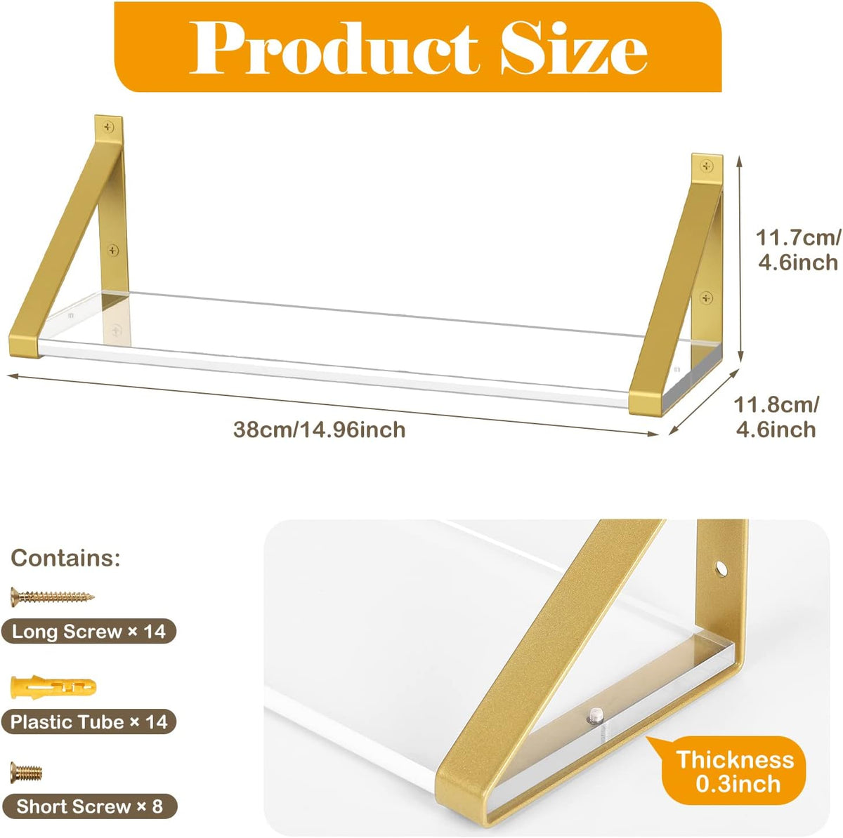 Clear Shelves, Gold Floating Shelves Wall Mounted Set of 3, 8mm Transparent Acrylic, Invisible Wall Shelves for Bedroom, Living Room, Bathroom, Kitchen, Office Display Decor (15in)