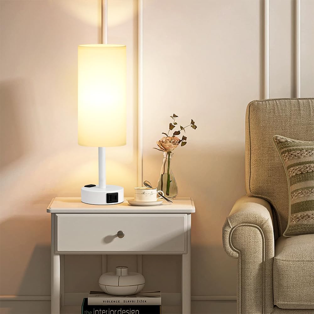 Fenmzee White Bedside Lamp for Bedroom, Dimmable Touch, USB A+C, AC Outlet