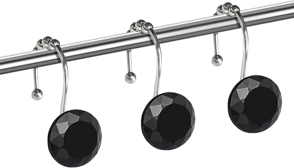 Black Crystal Diamond Shower Curtain Hooks for Bathroom【12Pack】, Silver Rust Proof Stainless Steel Rings, Decorative Gem Hanger, Bling Rhinestone, Glittery, Cute, Fancy Accessories